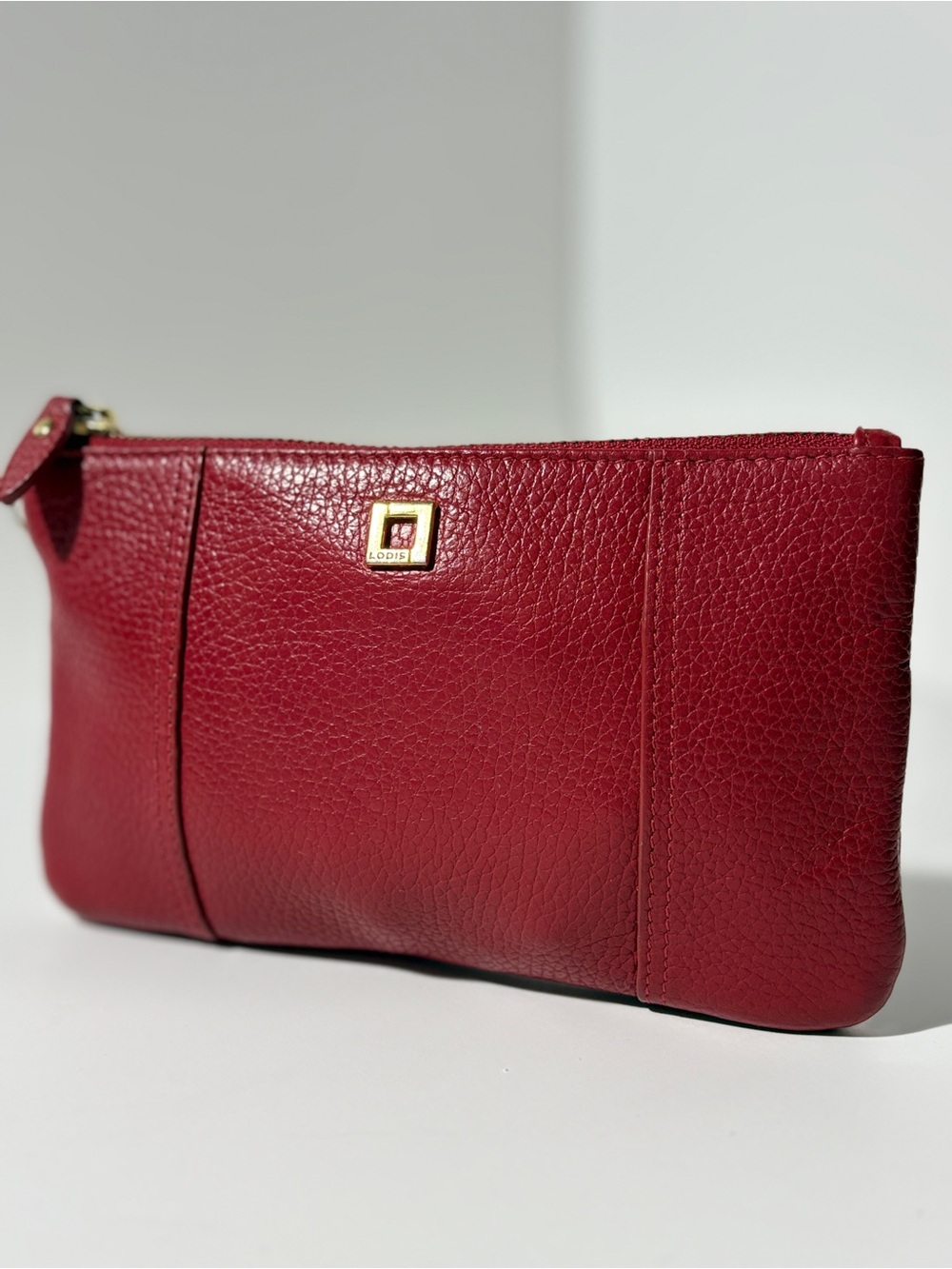 Lodis Olivia Red Pebbled Genuine Leather Wristlet Clutch Wallet Purse Gold